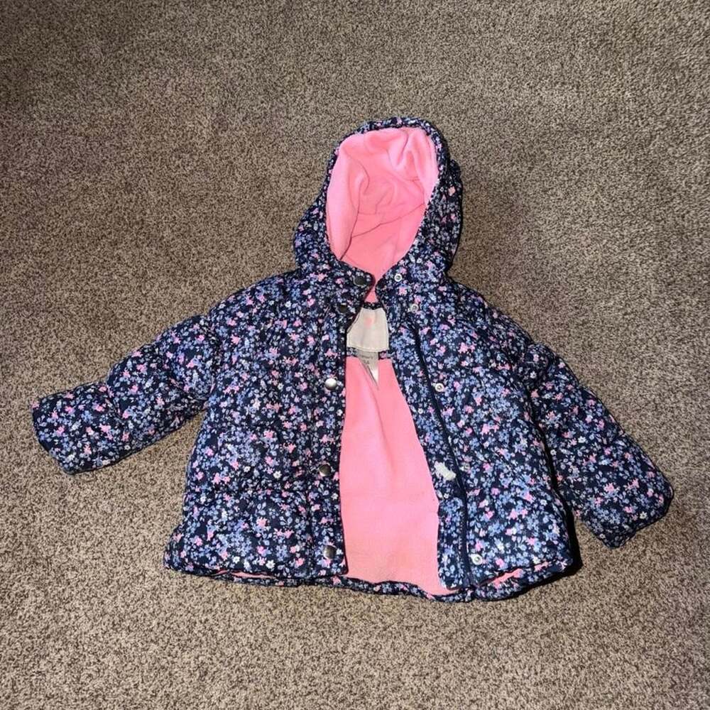 Carter's Floral Puffer Jacket Size 24 Months Navy Blue Pink Winter Coat